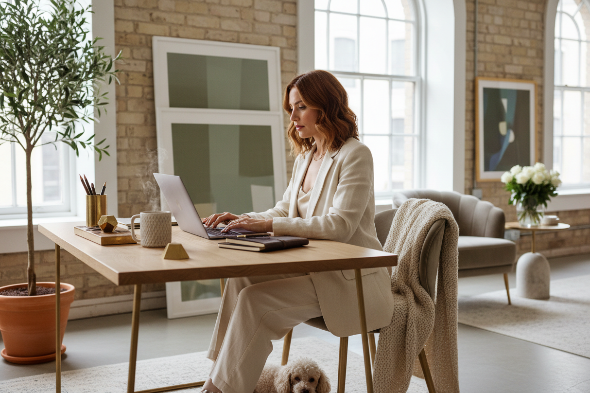 Femme travaillant à un bureau épuré avec support pour tablette En Mode Bureau